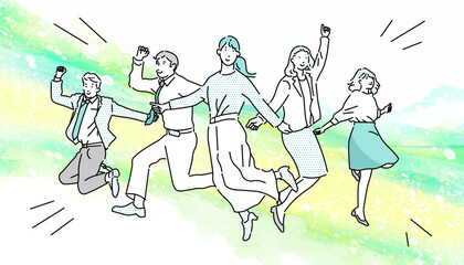 スタートアップのイメージイラストージャンプするビジネスパーソンーカジュアル服ー抽象的背景イラスト素材