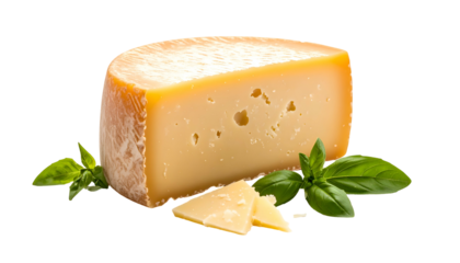 A wedge of golden cheese with two pieces and basil sprigs