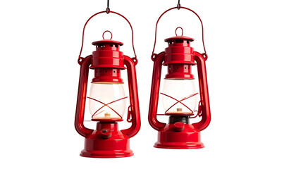 Two red, glowing oil lanterns hanging against a black background