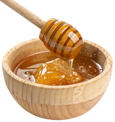 honey with honey dipper in wooden bowl