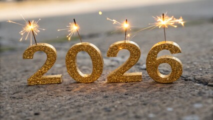 Glittering gold numbers 2026 with sparklers on ground