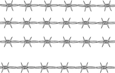 Realistic horizontal barbed wire strands for security fencing, prison perimeter, military zone, containment barrier, and restricted area vector illustration