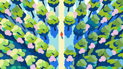 Traveler walking along forest path from above vector illustration
