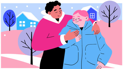 Vector illustration of two people in warm coats hugging outdoors in a snowy neighborhood