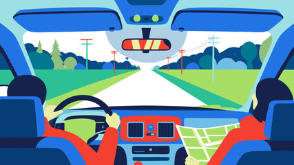 Couple driving on countryside road from inside car vector illustration