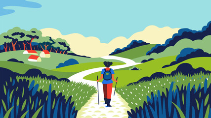 Woman hiking along path in green hills vector illustration