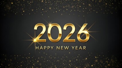Elegant gold happy new year 2026 typography on a dark black background with shimmering sparkles and glowing starburst light effects
