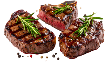 Three grilled steaks with rosemary sprigs, showing grill marks and juicy centers