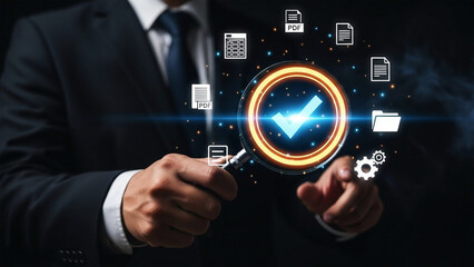 Businessman examines digital documents with glowing checkmark and icons suit magnifying
