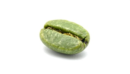 Close-up of a single, uncooked coffee bean, displayed against a stark white backdrop, revealing texture and detail