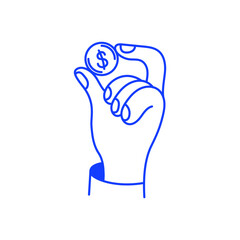 Vector simple linear illustration in doodle sketchy style, hand holding coin, payment concept
