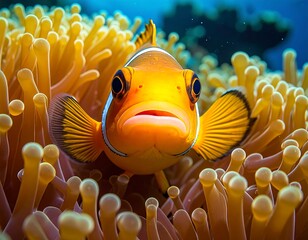 Close-up of a vibrant orange and white striped fish peering out from a sea anemone's golden tentacles in clear blue water