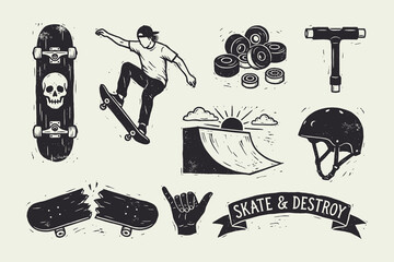 Retro Skateboarding Icon Set: Skater, Ramp, Skull Deck, Wheels, and Helmet Graphics. © Ghaghah24