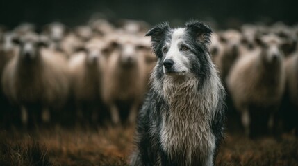Border collie stands alert in front of a flock of sheep during evening light in a rural field