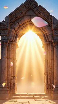 Easter Sunday with stone doorway and divine light for Christian resurrection