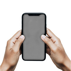 Hands holding a modern smartphone with a blank grey screen on a plain black background isolated on transparent background