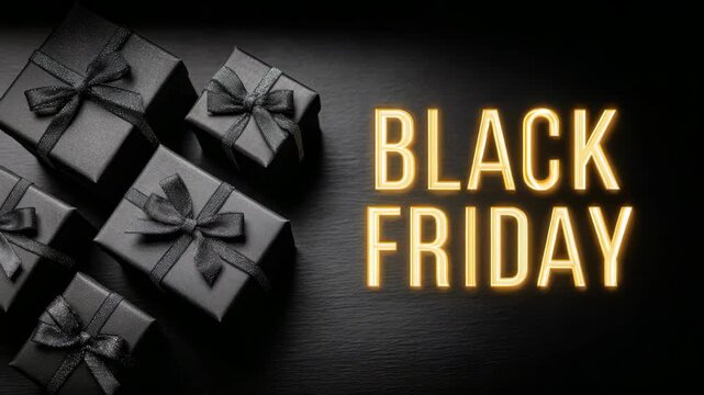 Black friday gift boxes with black bows on dark background highlighting sales event