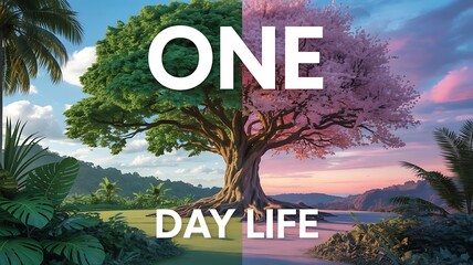 One day life concept with inspirational text over fantasy tree landscape at sunrise, motivational background
