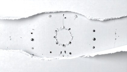 Close-up of a torn, textured white surface revealing a series of small, dark spheres clustered and symmetrically arranged within a central circle