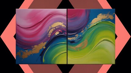 Abstract colorful fluid art triptych with flowing gradients and gold accents, modern wall art background
