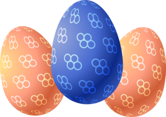 Three vibrant easter eggs showcasing unique decorative patterns in blue and orange hues isolated on transparent background