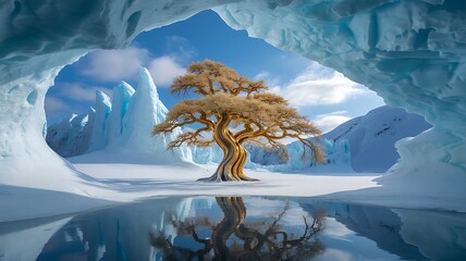 Mystical tree inside icy cave fantasy winter landscape
