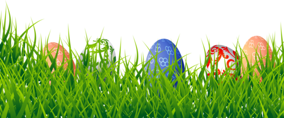 Colorful decorated easter eggs peeking through vibrant green grass isolated on transparent background