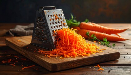 Close-up of a grater with a pile of freshly shredded orange vegetables on a wooden cutting board, with whole vegetable counterparts in the background
