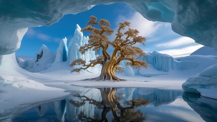 Mystical tree inside icy cave fantasy winter landscape