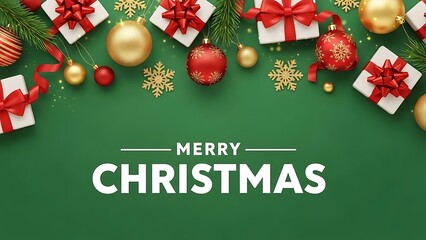 Festive overhead view of merry christmas text centered on a rich green background surrounded by beautifully wrapped white presents red ornaments and sparkling gold snowflakes creating a vibrant holida