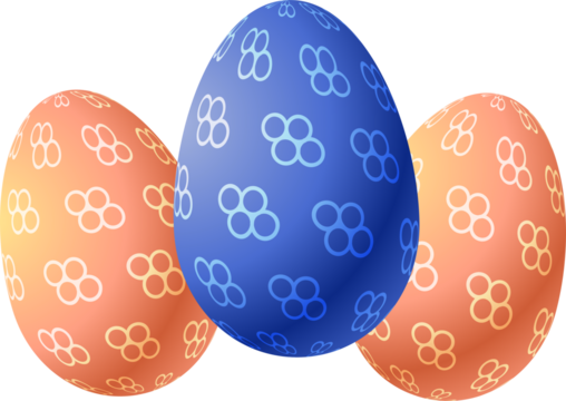 Three vibrant easter eggs showcasing unique decorative patterns in blue and orange hues isolated on transparent background - Powered by Adobe