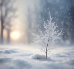 Modern winter holiday background with snow dust particles, blurred depth, cool neutral colors, airy atmosphere