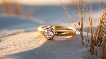 Elegant gold diamond ring resting on sand in natural light