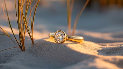 Elegant gold diamond ring resting on sand in natural light