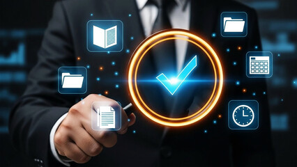 Businessman interacting with digital icons for approval and data management suit