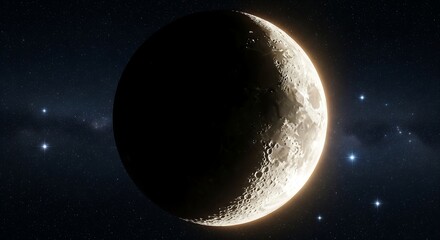 A crescent moon hangs in the dark night sky, illuminated by the sun, with distant stars twinkling.