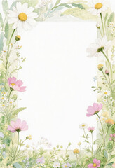 Fototapeta premium Fresh Spring Meadow Wildflower and Daisy Border Watercolr Frame Background