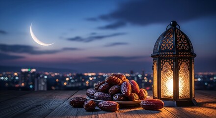 A crescent moon shines over a city skyline at dusk, with a plate of dates and a glowing lantern on a wooden surface.