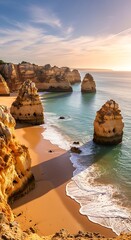 Coastal Cliffs and Beach at Sunset - A Scenic View.