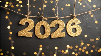 Glittering gold 2026 hanging decoration with string lights background
