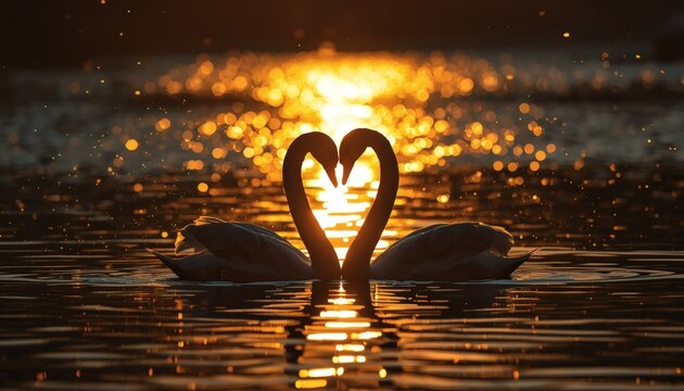 The silhouettes of two swans forming a heart on a lake at sunset.