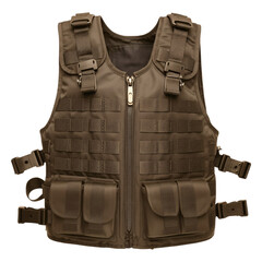 Dark brown tactical vest for outdoor activities and professional use with multiple pouches isolated on transparent background