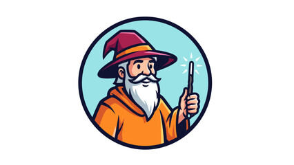 Cartoon Wizard with Wand in Circle Frame Illustration.