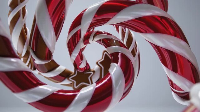 Spiraling candy canes and gingerbread ornament create a festive scene, showcasing dynamic motion and playful holiday spirit in a captivating visual display