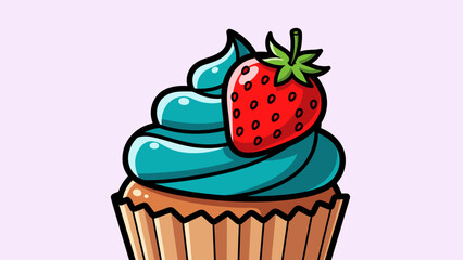 Delicious Cupcake with Blue Frosting and Fresh Strawberry Topping.