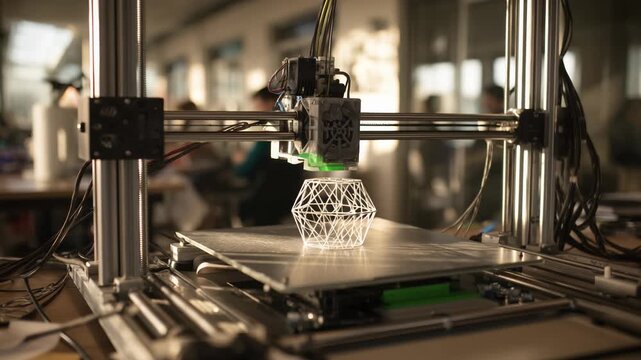 Creating Intricate Geometric Sculpture Using Modern 3D Printer in Sunlit Workspace