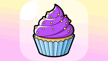 Cartoon Cupcake with Purple Frosting and Yellow Sprinkles Illustration.