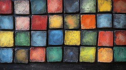 A grid of colorful, textured squares in rich, saturated hues creates a vibrant, tactile mosaic against a dark, contrasting background.