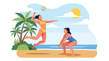 Modern vector illustration of people playing beach volleyball on tropical beach with palm trees, active summer vacation scene, ideal for sports travel visuals