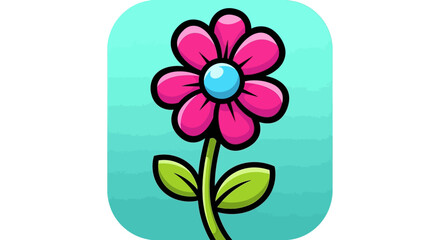 Cartoon Flower with Pink Petals and Blue Center on Green Stem.